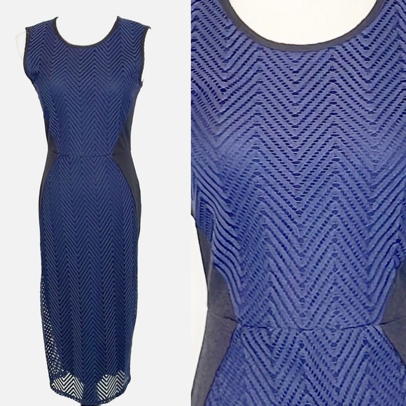 Weston Wear Islington Navy Blue Knit Pencil Dress with Lace Front (S) - Picture 2 of 11